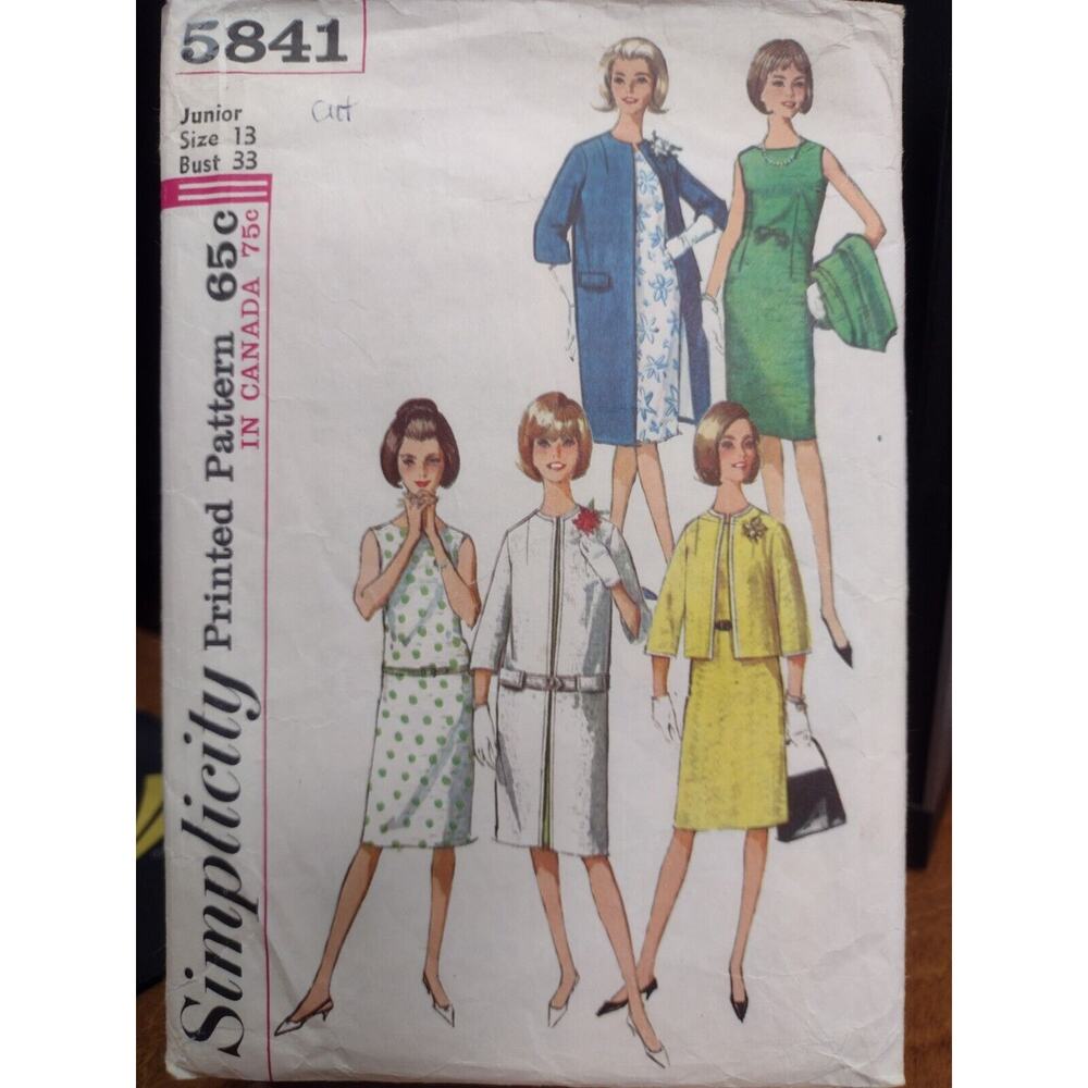 Vintage Simplicity Pattern 5841 Teens' & Juniors' One-Piece Dress & Coat (1964)
